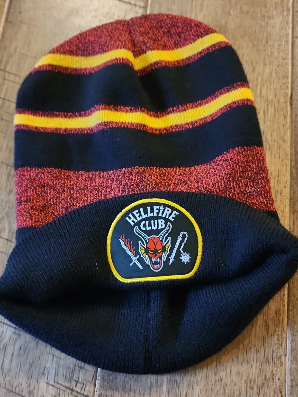 Hellfire Club Striped Knit Beanie - Black, Red & Yellow